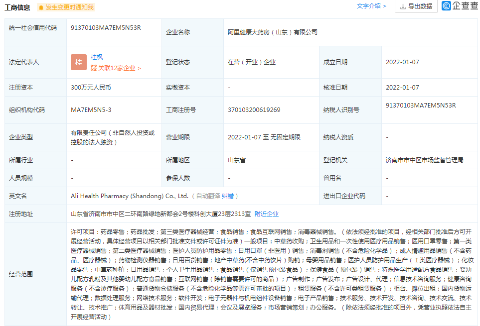 阿里健康大藥房300萬濟南設新公司，跨界布局廚具衛具引關注
